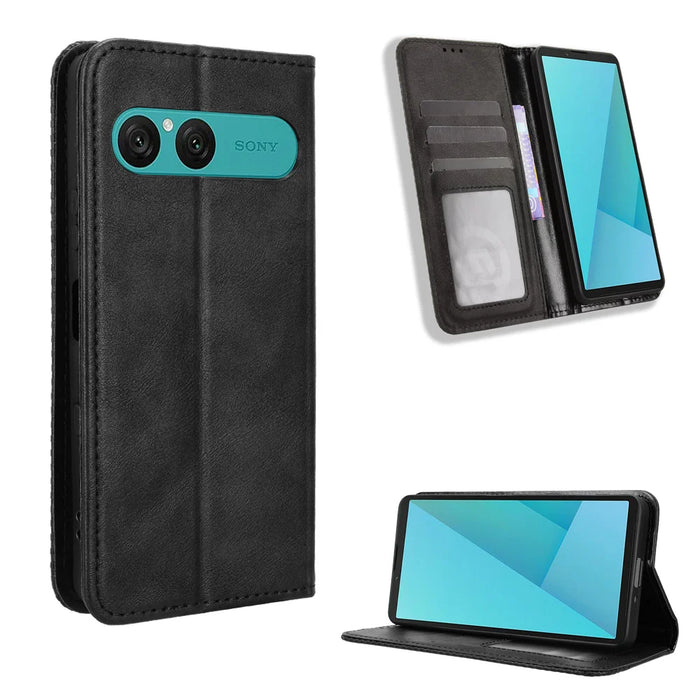 For Sony Xperia 10 VII Leather Case Wallet Stand Retro Texture Phone Cover - Black - 1