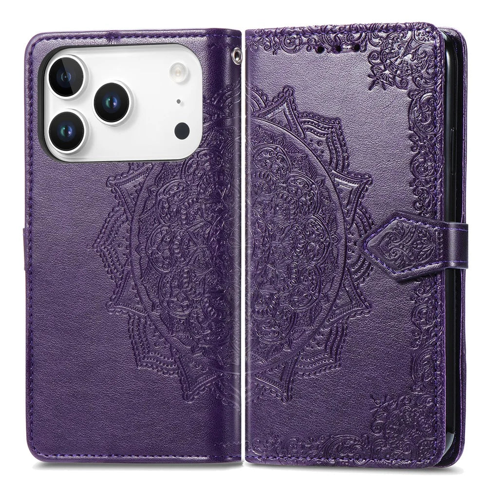 For iPhone 18 Pro Max / 17 Pro Max Case Wallet Mandala Flower Leather Phone Cover Stand View - Purple - 1