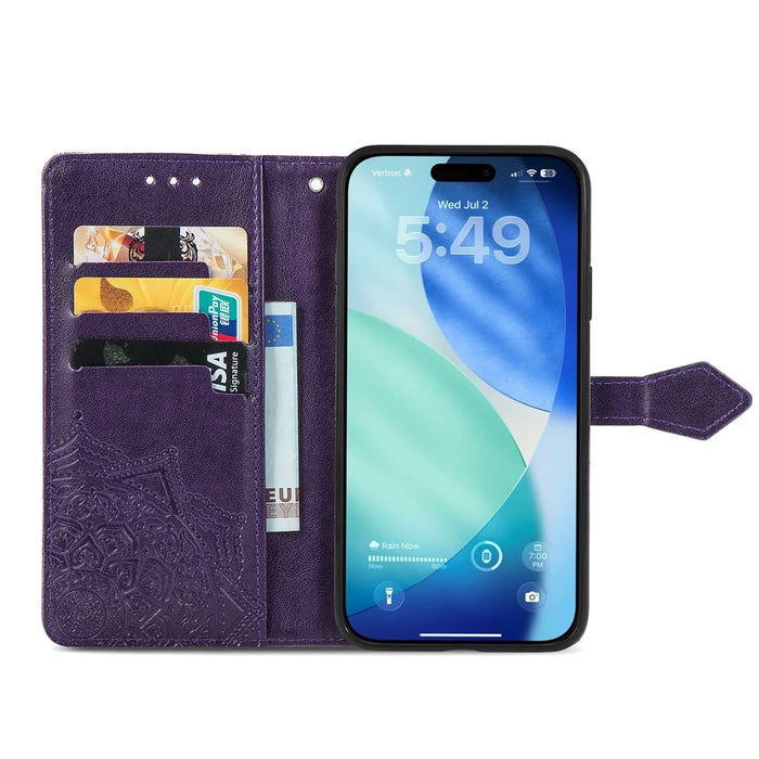 For iPhone 18 Pro Max / 17 Pro Max Case Wallet Mandala Flower Leather Phone Cover Stand View - Purple - 2