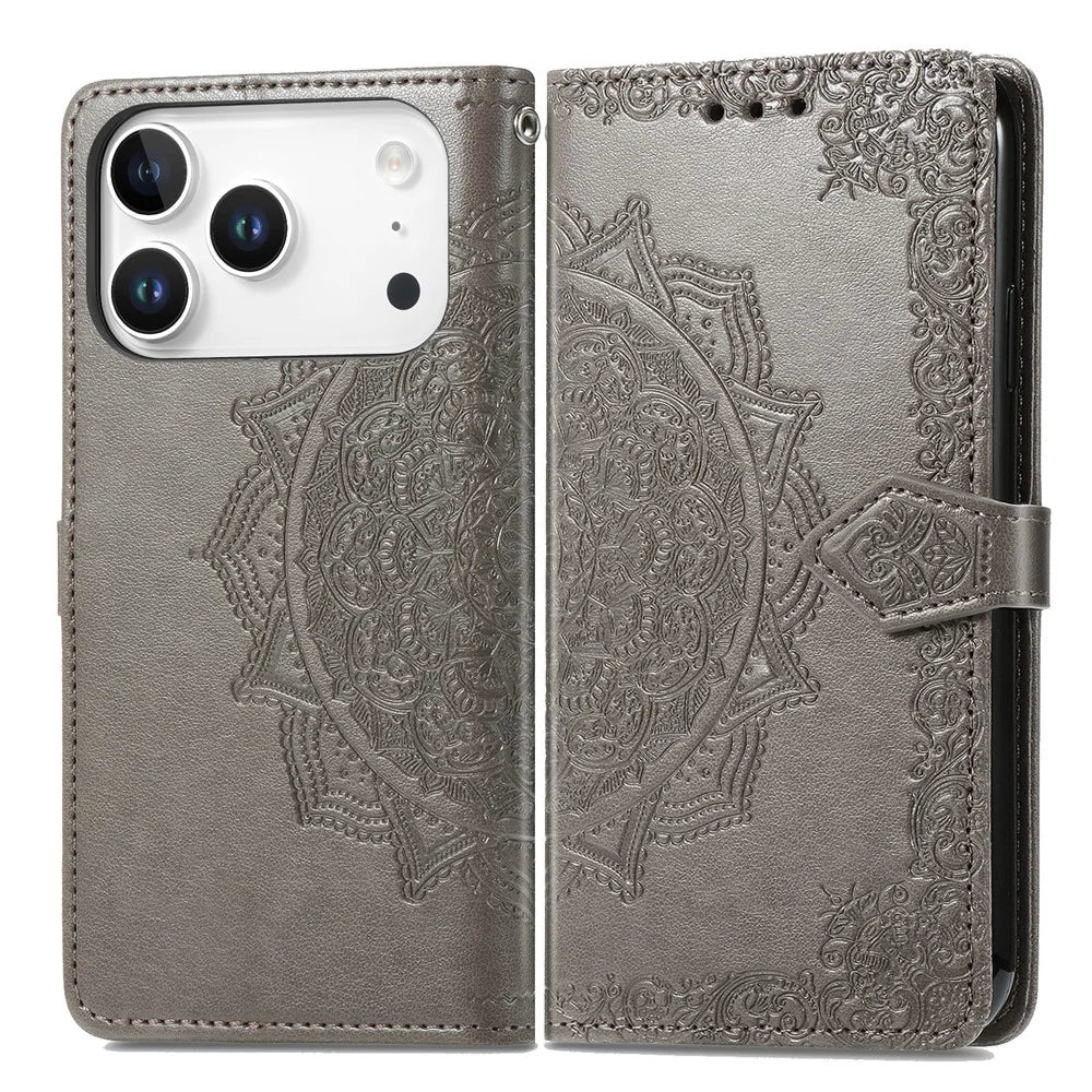 For iPhone 18 Pro / 17 Pro Case Wallet Mandala Flower Leather Phone Cover Stand View - Grey - 1