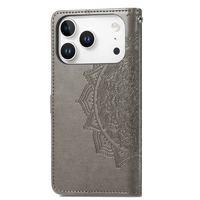 For iPhone 18 Pro / 17 Pro Case Wallet Mandala Flower Leather Phone Cover Stand View - Grey - 6