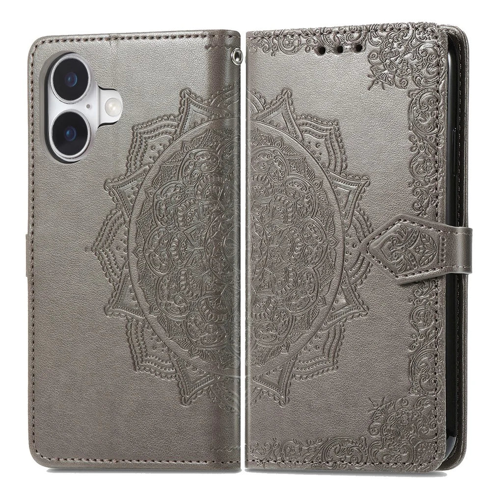 For iPhone 17 Case Wallet Mandala Flower Leather Phone Cover Stand View - Grey - 1