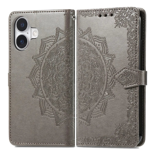 For iPhone 17 Case Wallet Mandala Flower Leather Phone Cover Stand View - Grey - 1
