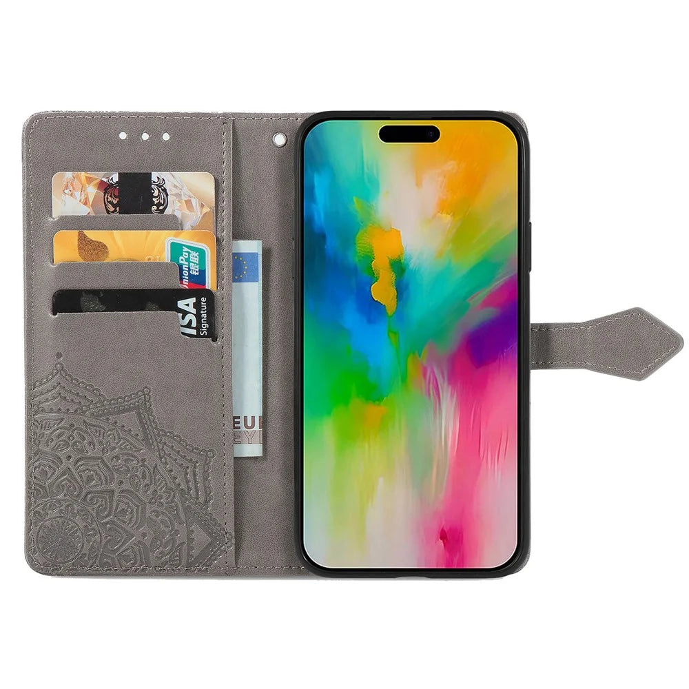 For iPhone 17 Case Wallet Mandala Flower Leather Phone Cover Stand View - Grey - 2