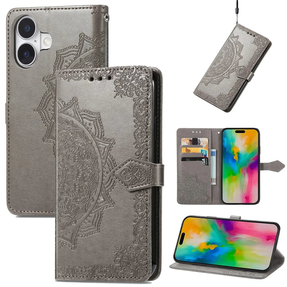 For iPhone 17 Case Wallet Mandala Flower Leather Phone Cover Stand View - Grey - 4