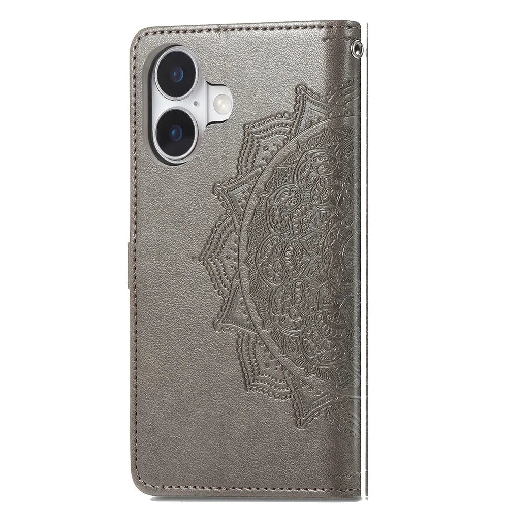 For iPhone 17 Case Wallet Mandala Flower Leather Phone Cover Stand View - Grey - 6