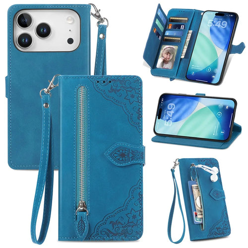 For iPhone 18 Pro Max / 17 Pro Max Zipper Wallet Case with Strap Flower Imprint PU Leather Phone Cover - Blue - 1