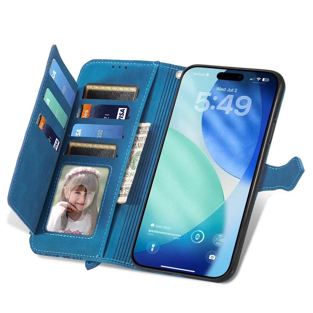 For iPhone 18 Pro / 17 Pro Zipper Wallet Case with Strap Flower Imprint PU Leather Phone Cover - Blue - 2