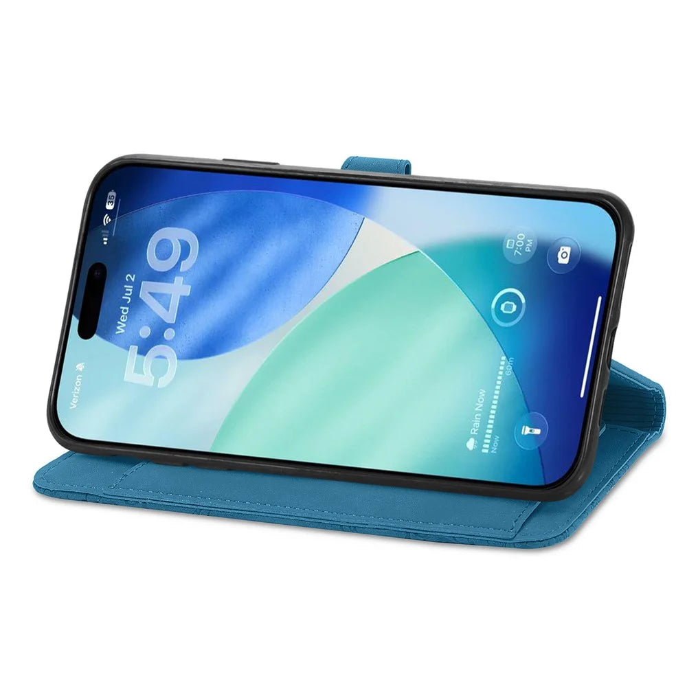 For iPhone 18 Pro / 17 Pro Zipper Wallet Case with Strap Flower Imprint PU Leather Phone Cover - Blue - 3