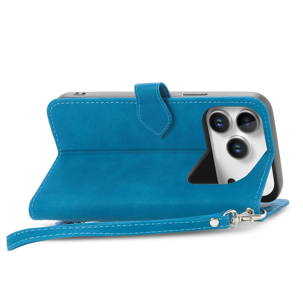 For iPhone 18 Pro / 17 Pro Zipper Wallet Case with Strap Flower Imprint PU Leather Phone Cover - Blue - 4