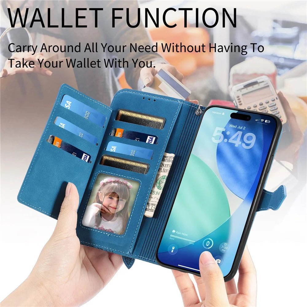 For iPhone 18 Pro / 17 Pro Zipper Wallet Case with Strap Flower Imprint PU Leather Phone Cover - Blue - 5