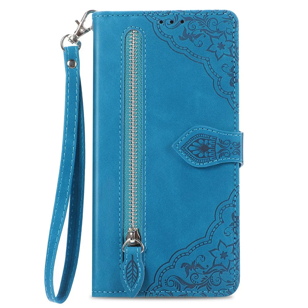 For iPhone 18 Pro / 17 Pro Zipper Wallet Case with Strap Flower Imprint PU Leather Phone Cover - Blue - 6