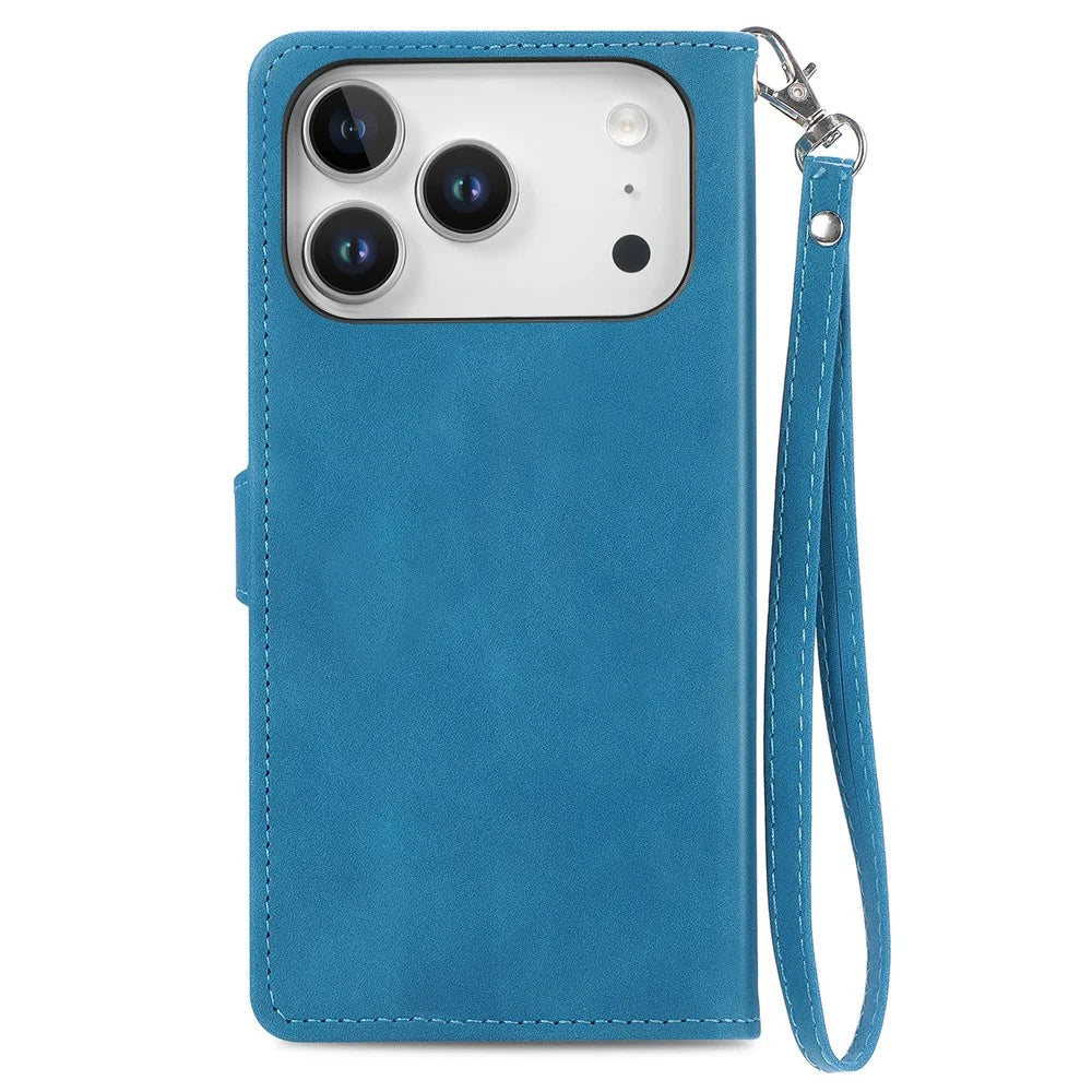 For iPhone 18 Pro / 17 Pro Zipper Wallet Case with Strap Flower Imprint PU Leather Phone Cover - Blue - 7