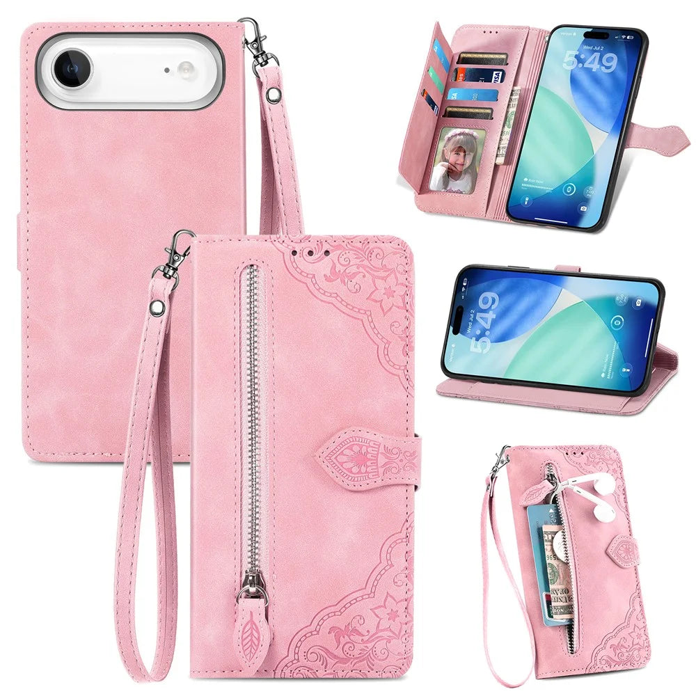 For iPhone Air Zipper Wallet Case with Strap Flower Imprint PU Leather Phone Cover - Pink - 1