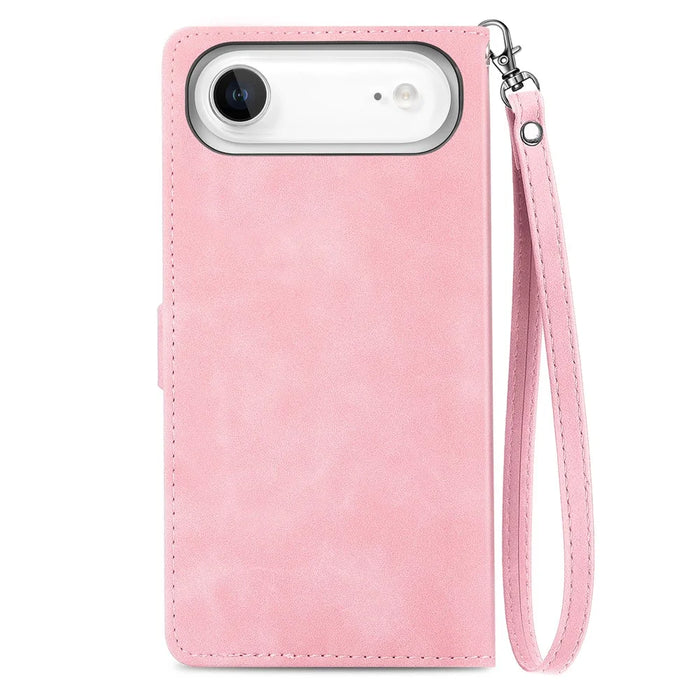For iPhone Air Zipper Wallet Case with Strap Flower Imprint PU Leather Phone Cover - Pink - 7