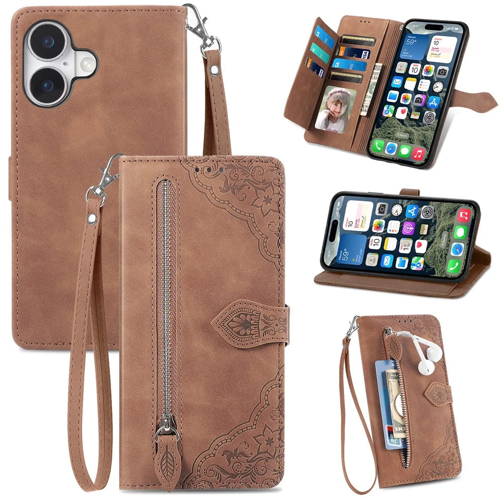 For iPhone 17 Zipper Wallet Case with Strap Flower Imprint PU Leather Phone Cover - Brown - 1