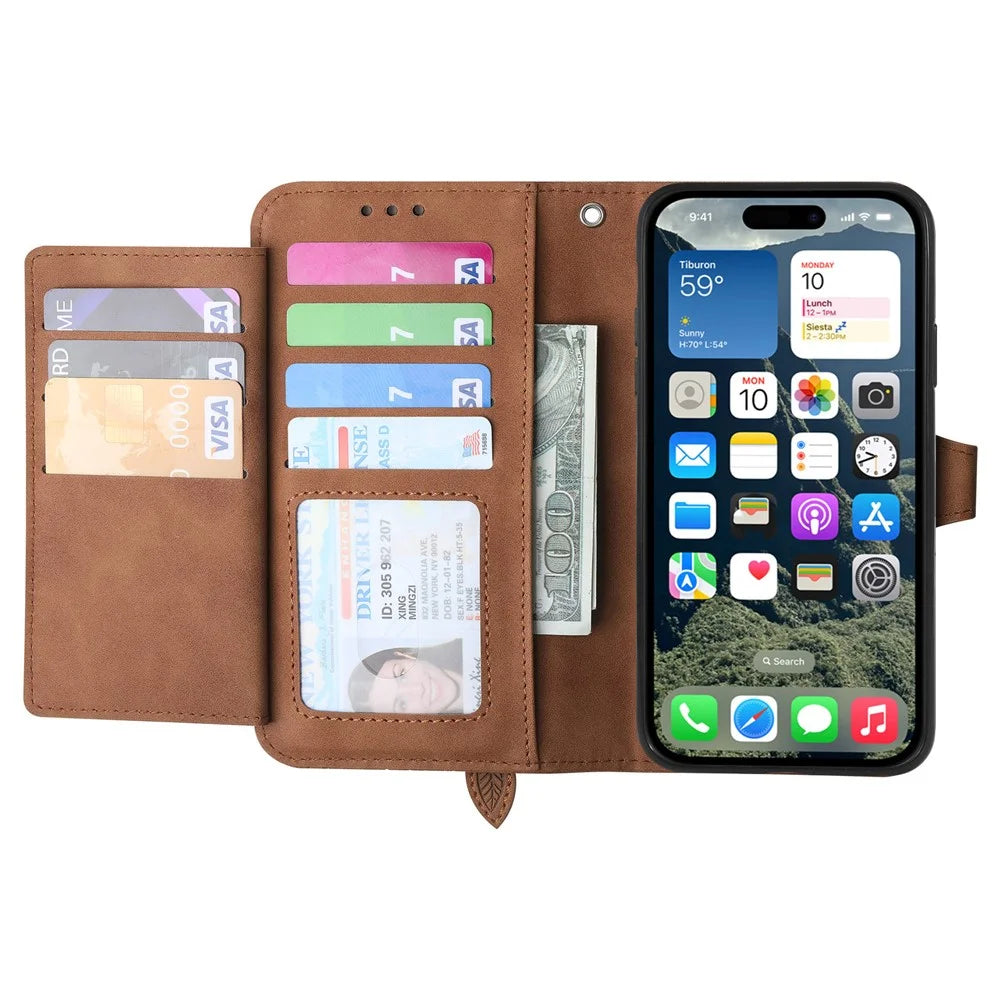 For iPhone 17 Zipper Wallet Case with Strap Flower Imprint PU Leather Phone Cover - Brown - 2