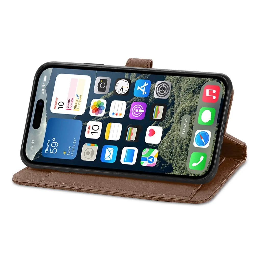 For iPhone 17 Zipper Wallet Case with Strap Flower Imprint PU Leather Phone Cover - Brown - 3