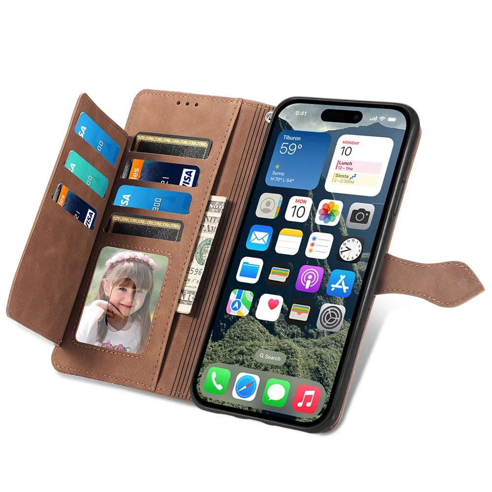 For iPhone 17 Zipper Wallet Case with Strap Flower Imprint PU Leather Phone Cover - Brown - 5