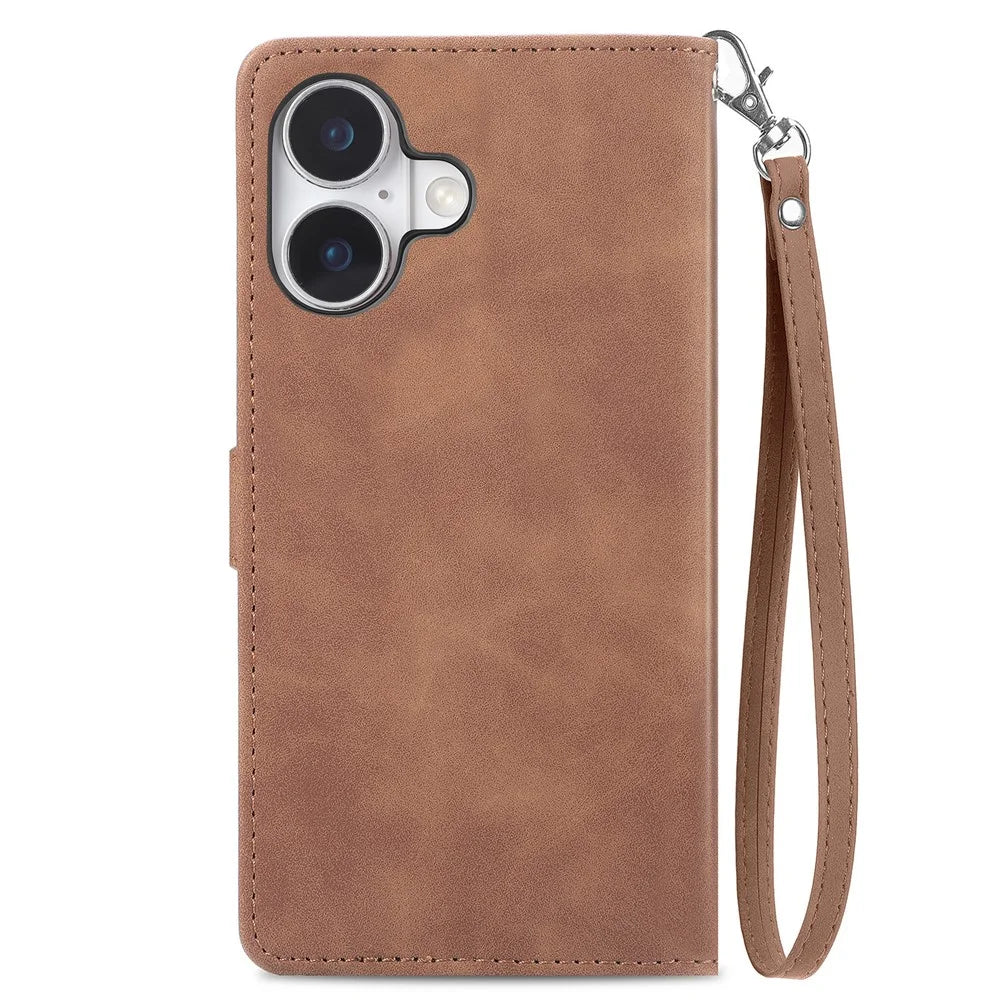 For iPhone 17 Zipper Wallet Case with Strap Flower Imprint PU Leather Phone Cover - Brown - 7