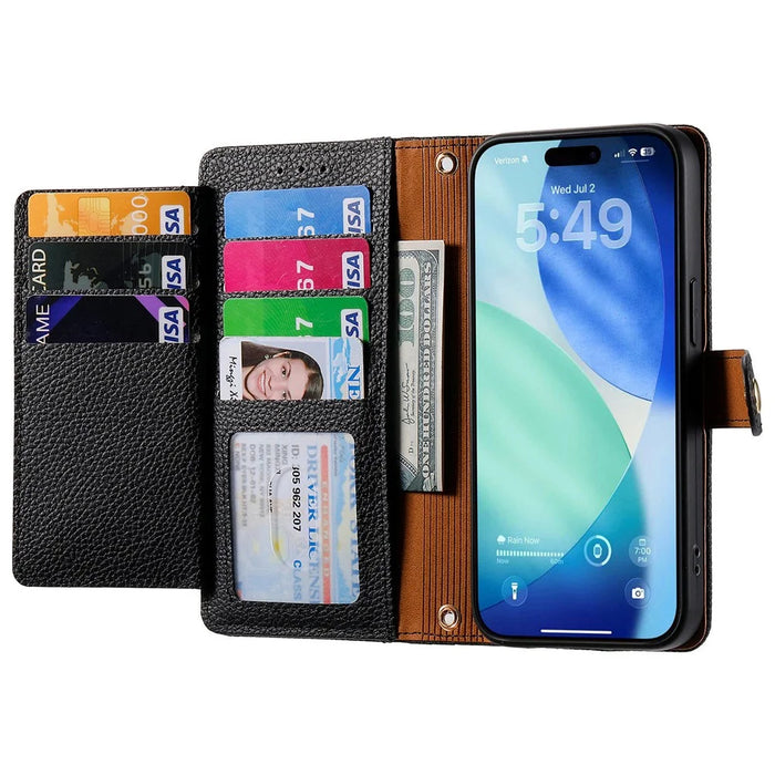 For iPhone 18 Pro Max / 17 Pro Max Case RFID Blocking Zipper Pocket Leather Wallet Phone Cover with Strap - Black - 2