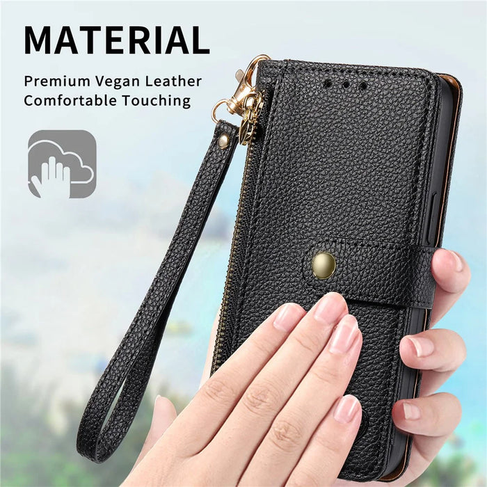 For iPhone 18 Pro Max / 17 Pro Max Case RFID Blocking Zipper Pocket Leather Wallet Phone Cover with Strap - Black - 6