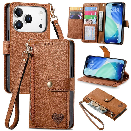 For iPhone 18 Pro / 17 Pro Case RFID Blocking Zipper Pocket Leather Wallet Phone Cover with Strap - Brown - 1