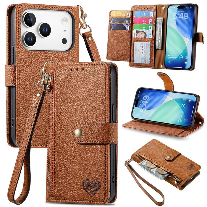 For iPhone 18 Pro / 17 Pro Case RFID Blocking Zipper Pocket Leather Wallet Phone Cover with Strap - Brown - 1