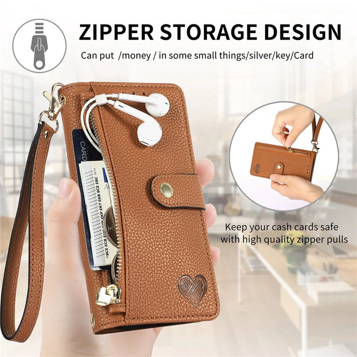 For iPhone 18 Pro / 17 Pro Case RFID Blocking Zipper Pocket Leather Wallet Phone Cover with Strap - Brown - 7