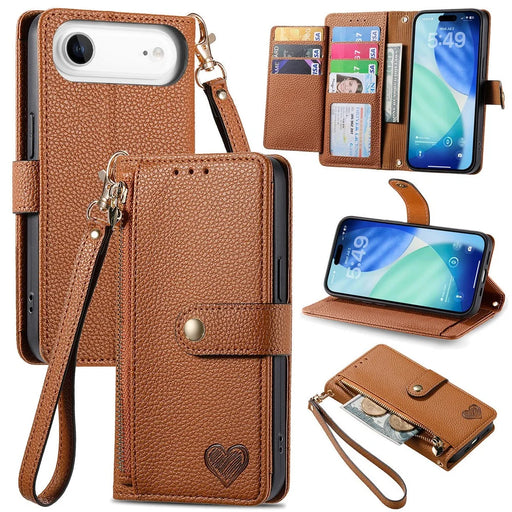 For iPhone Air Case RFID Blocking Zipper Pocket Leather Wallet Phone Cover with Strap - Brown - 1