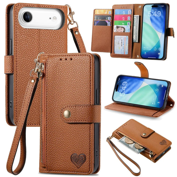 For iPhone Air Case RFID Blocking Zipper Pocket Leather Wallet Phone Cover with Strap - Brown - 1