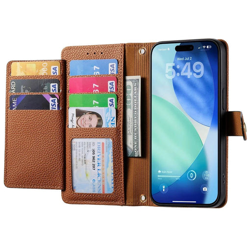 For iPhone Air Case RFID Blocking Zipper Pocket Leather Wallet Phone Cover with Strap - Brown - 2