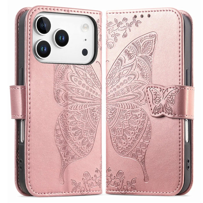 For iPhone 18 Pro Max / 17 Pro Max Case with Strap Butterfly Pattern PU Leather Wallet Phone Cover - Rose Gold - 1