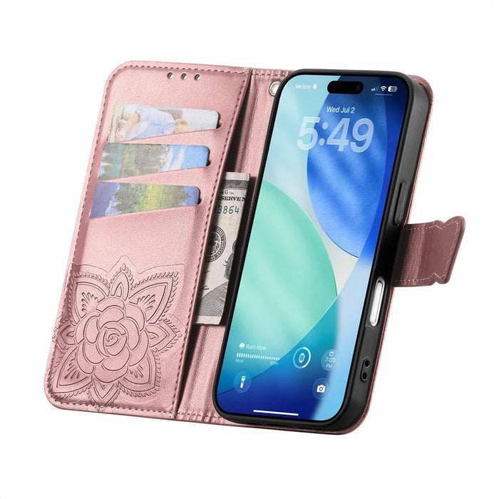 For iPhone 18 Pro Max / 17 Pro Max Case with Strap Butterfly Pattern PU Leather Wallet Phone Cover - Rose Gold - 2
