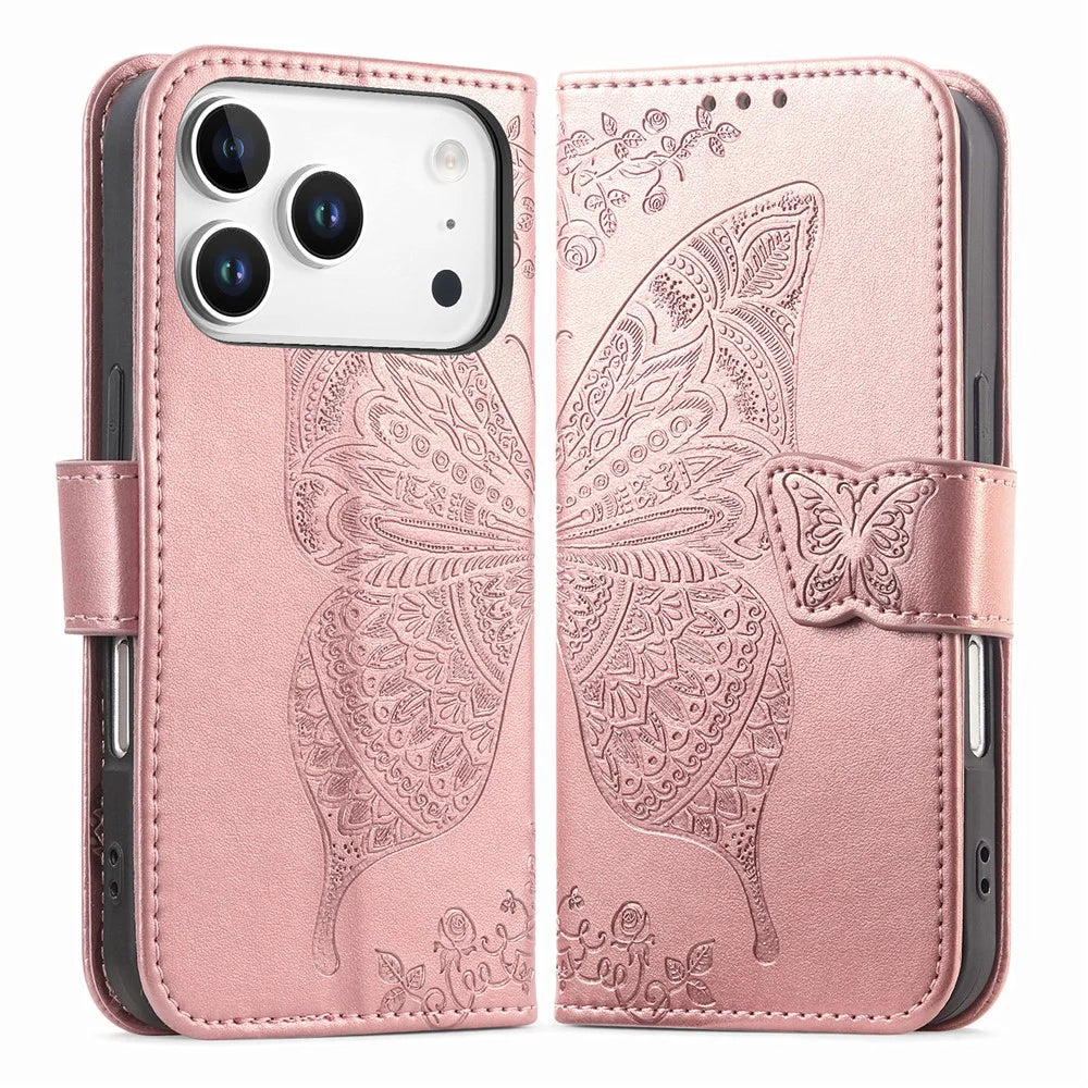 For iPhone 18 Pro / 17 Pro Case with Strap Butterfly Pattern PU Leather Wallet Phone Cover - Rose Gold - 1