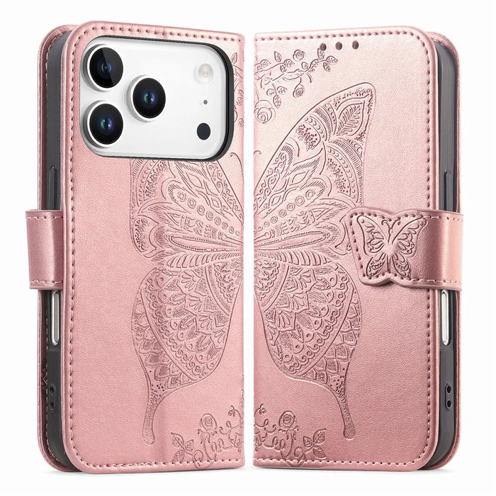 For iPhone 18 Pro / 17 Pro Case with Strap Butterfly Pattern PU Leather Wallet Phone Cover - Rose Gold - 1