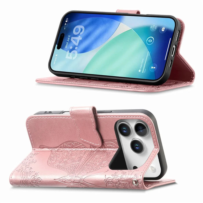 For iPhone 18 Pro / 17 Pro Case with Strap Butterfly Pattern PU Leather Wallet Phone Cover - Rose Gold - 3