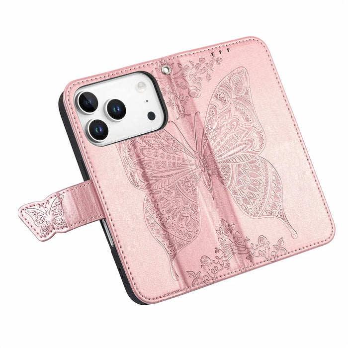 For iPhone 18 Pro / 17 Pro Case with Strap Butterfly Pattern PU Leather Wallet Phone Cover - Rose Gold - 4