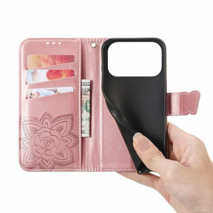 For iPhone 18 Pro / 17 Pro Case with Strap Butterfly Pattern PU Leather Wallet Phone Cover - Rose Gold - 5