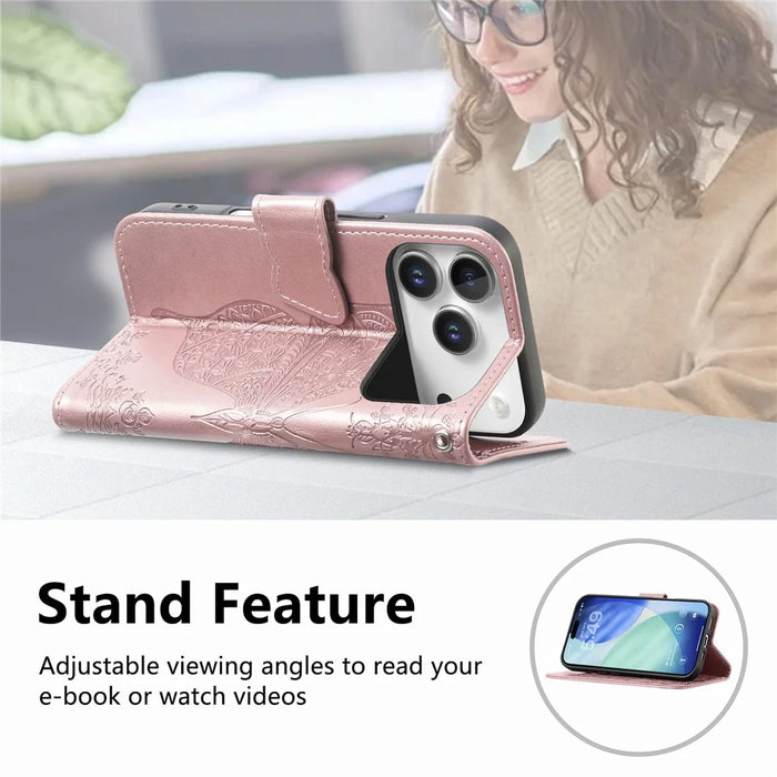For iPhone 18 Pro / 17 Pro Case with Strap Butterfly Pattern PU Leather Wallet Phone Cover - Rose Gold - 6