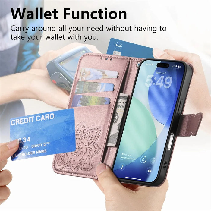 For iPhone 18 Pro / 17 Pro Case with Strap Butterfly Pattern PU Leather Wallet Phone Cover - Rose Gold - 7