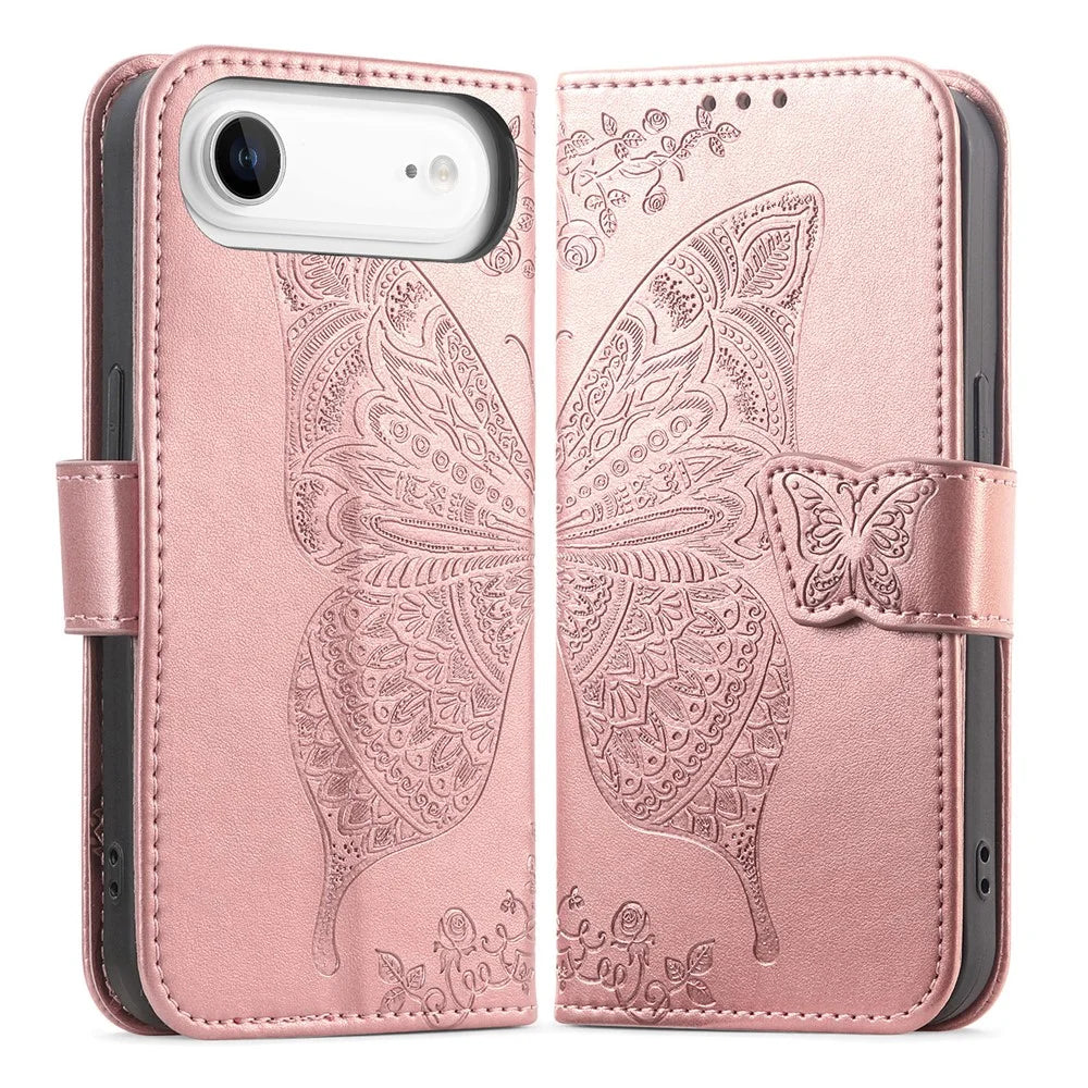 For iPhone Air Case with Strap Butterfly Pattern PU Leather Wallet Phone Cover - Rose Gold - 1