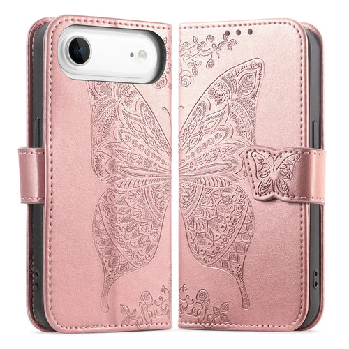 For iPhone Air Case with Strap Butterfly Pattern PU Leather Wallet Phone Cover - Rose Gold - 1