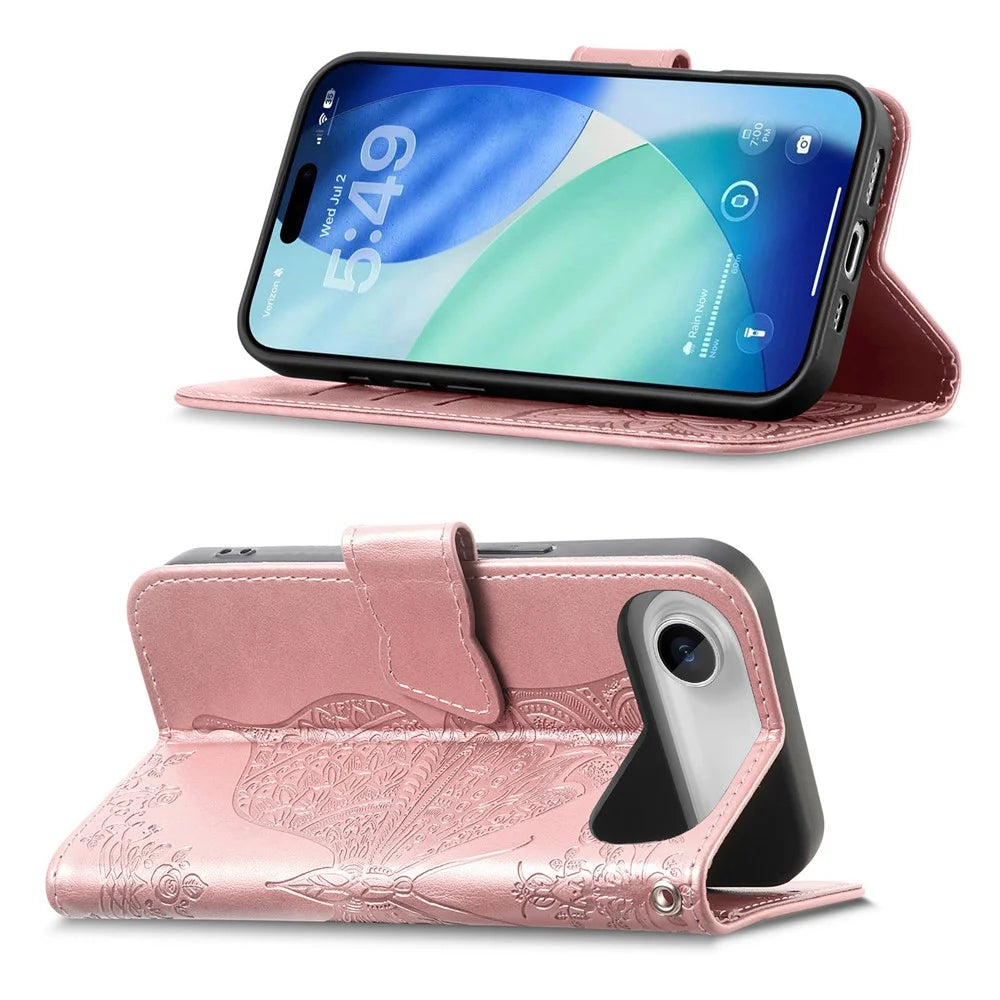 For iPhone Air Case with Strap Butterfly Pattern PU Leather Wallet Phone Cover - Rose Gold - 3