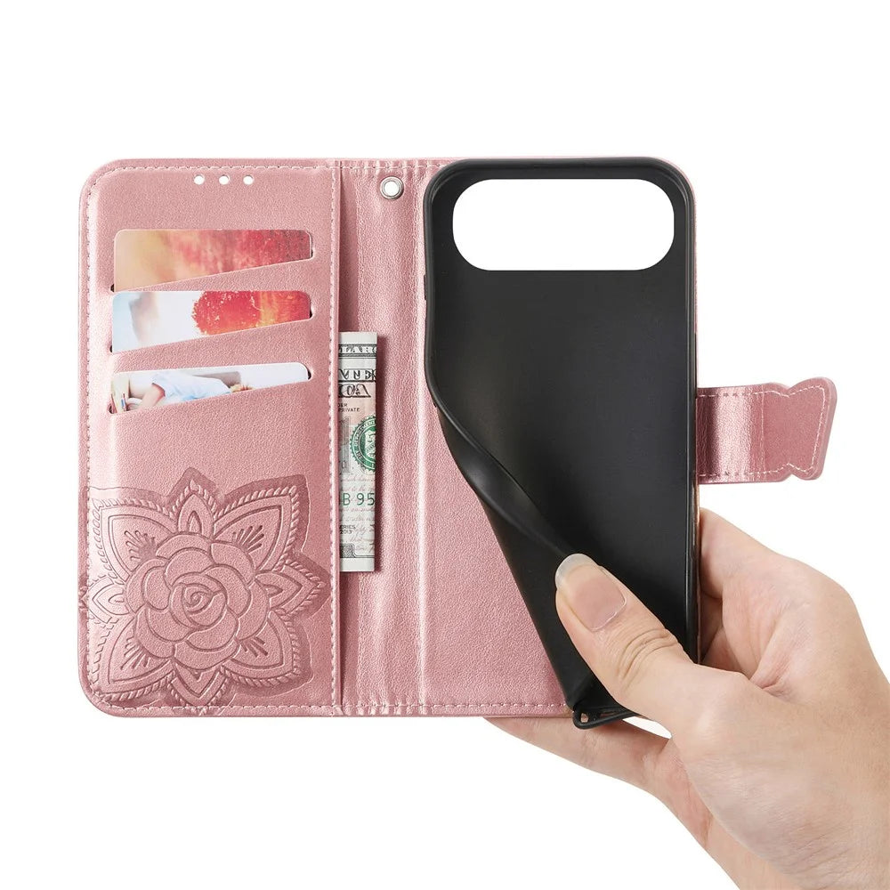 For iPhone Air Case with Strap Butterfly Pattern PU Leather Wallet Phone Cover - Rose Gold - 4