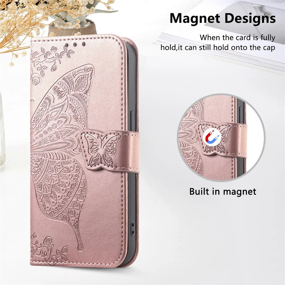 For iPhone Air Case with Strap Butterfly Pattern PU Leather Wallet Phone Cover - Rose Gold - 5
