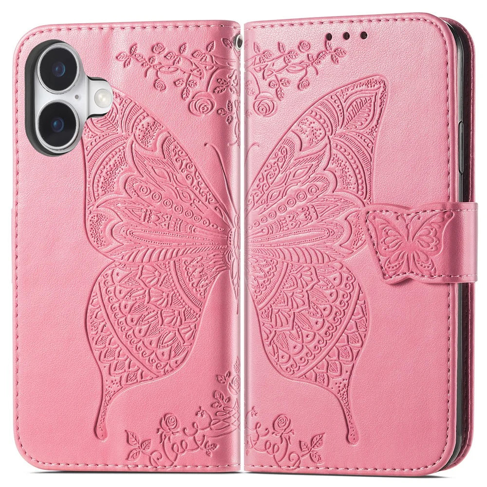 For iPhone 17 Case with Strap Butterfly Pattern PU Leather Wallet Phone Cover - Pink - 1