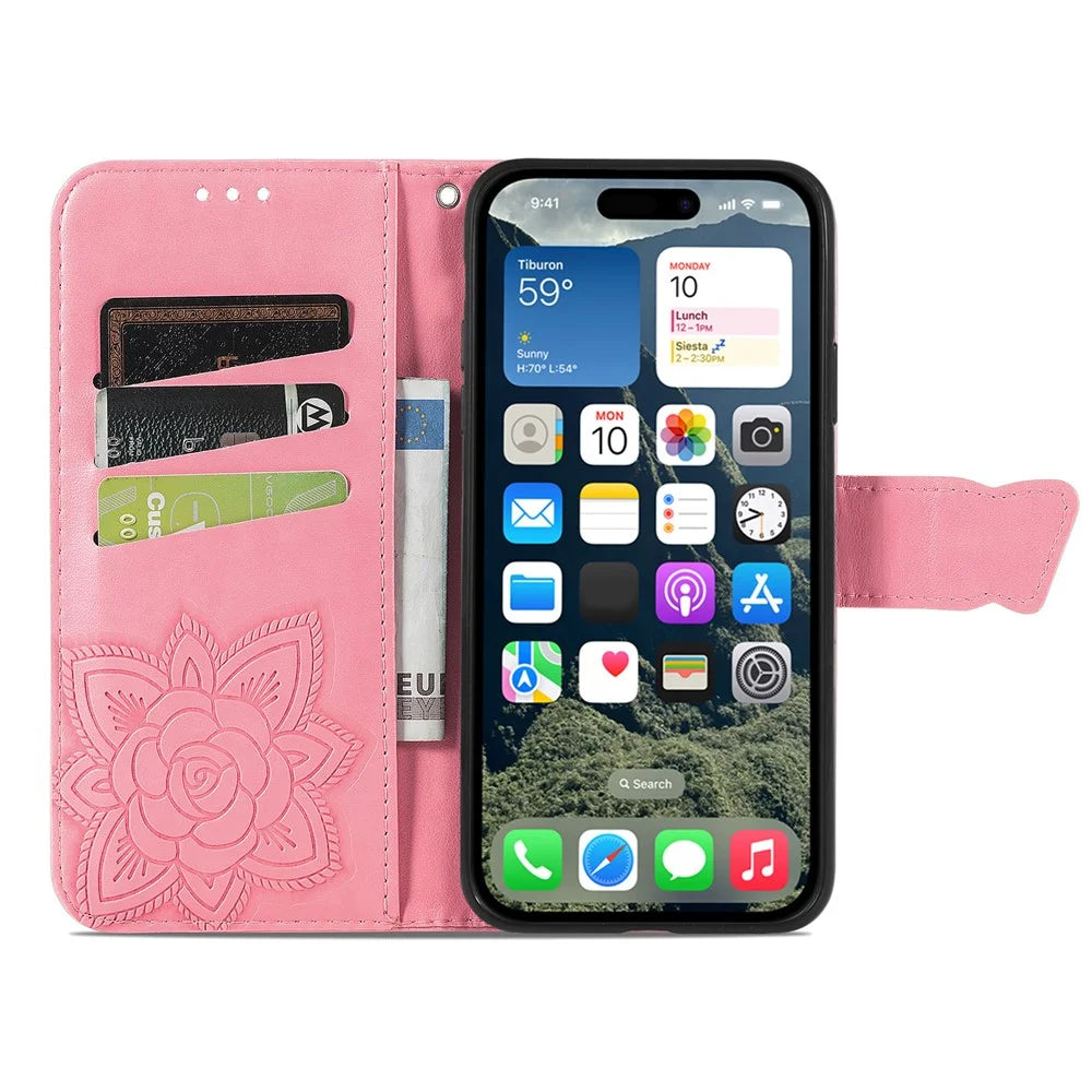 For iPhone 17 Case with Strap Butterfly Pattern PU Leather Wallet Phone Cover - Pink - 2