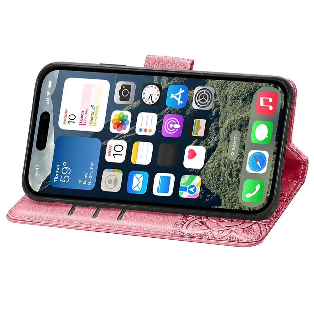 For iPhone 17 Case with Strap Butterfly Pattern PU Leather Wallet Phone Cover - Pink - 3