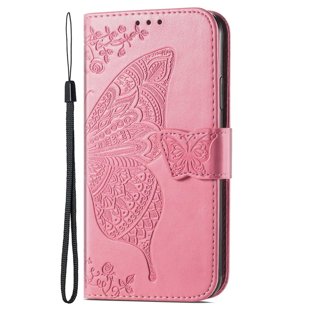 For iPhone 17 Case with Strap Butterfly Pattern PU Leather Wallet Phone Cover - Pink - 4